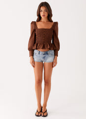 Joyce Long Sleeve Cotton Shirred Top - Chocolate