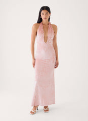 Memory Lane Crushed Velvet Halter Maxi Dress - Soft Pink