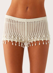 Pearl Shore Beaded Crochet Mini Shorts - Ivory