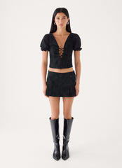 Sweet And Salty Faux Suede Corset Tie Top - Black