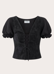 Sweet And Salty Faux Suede Corset Tie Top - Black