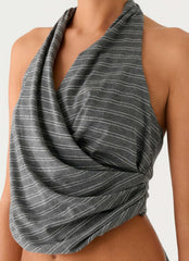 Vassy Halter Top - Grey Marle Stripe