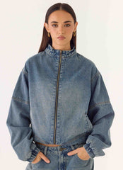 Waylon Denim Bomber Jacket - Mid Wash Blue