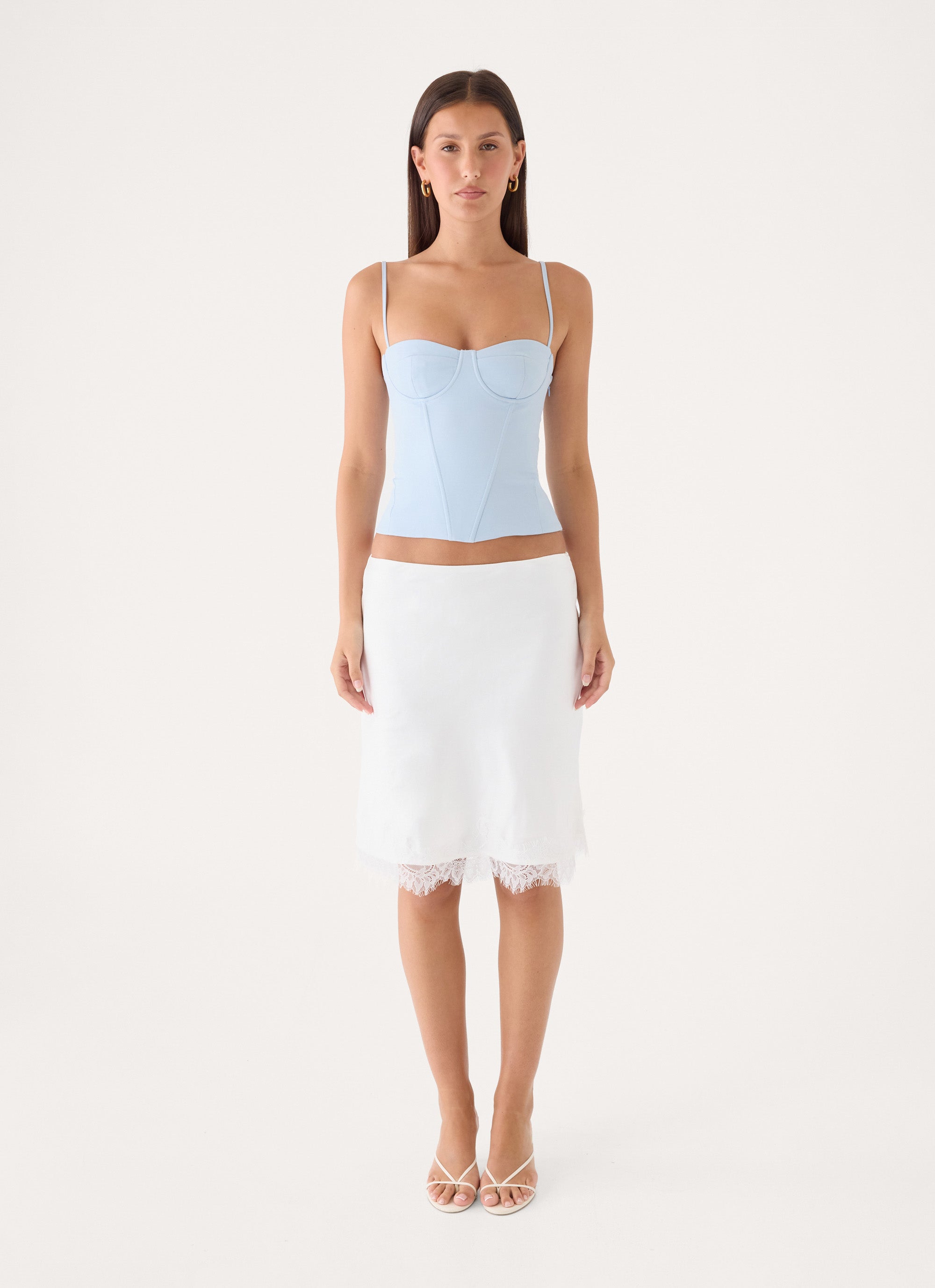 Argelia Lace Trim Satin Midi Skirt - White