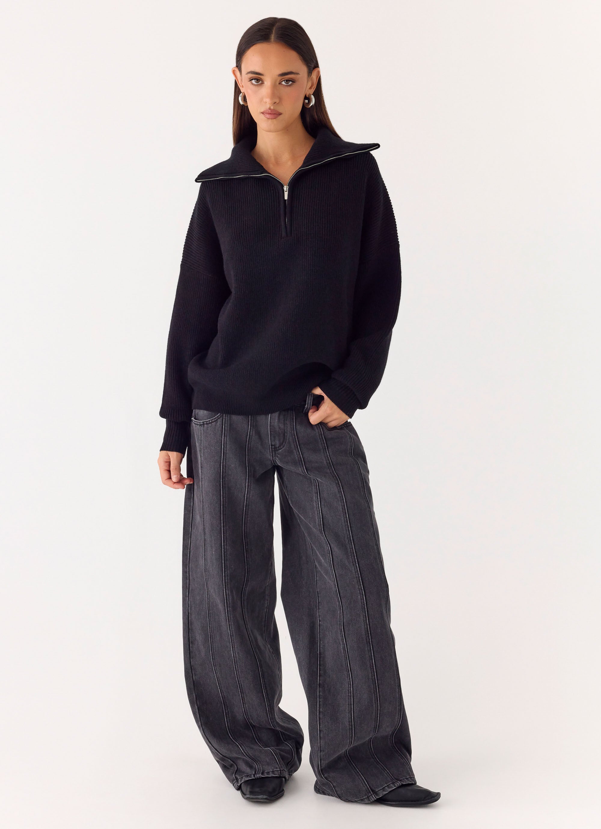 Eirena Quarter Zip Knit Sweater - Black