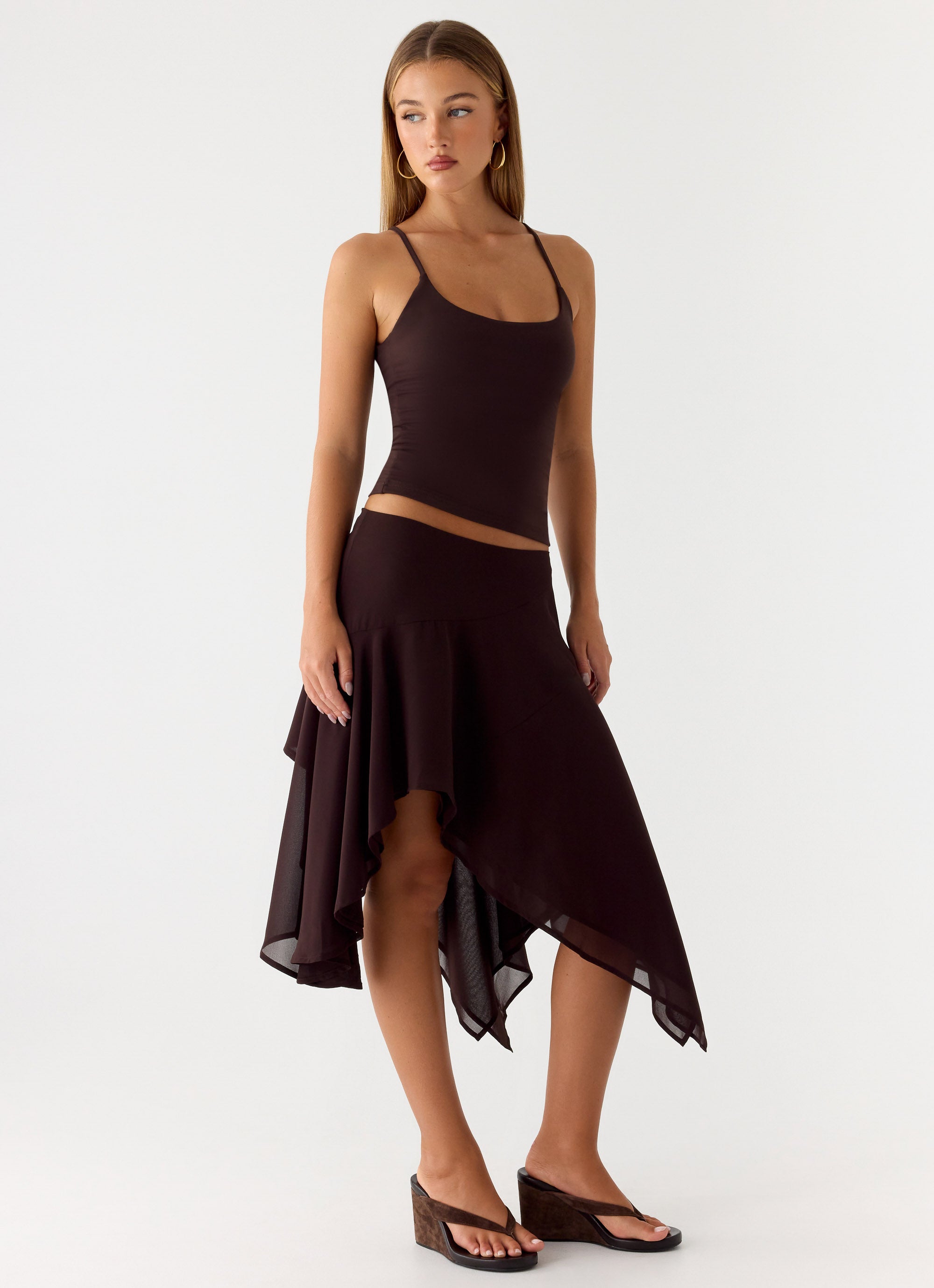 Kia Low Rise Asymmetrical Midi Skirt - Chocolate