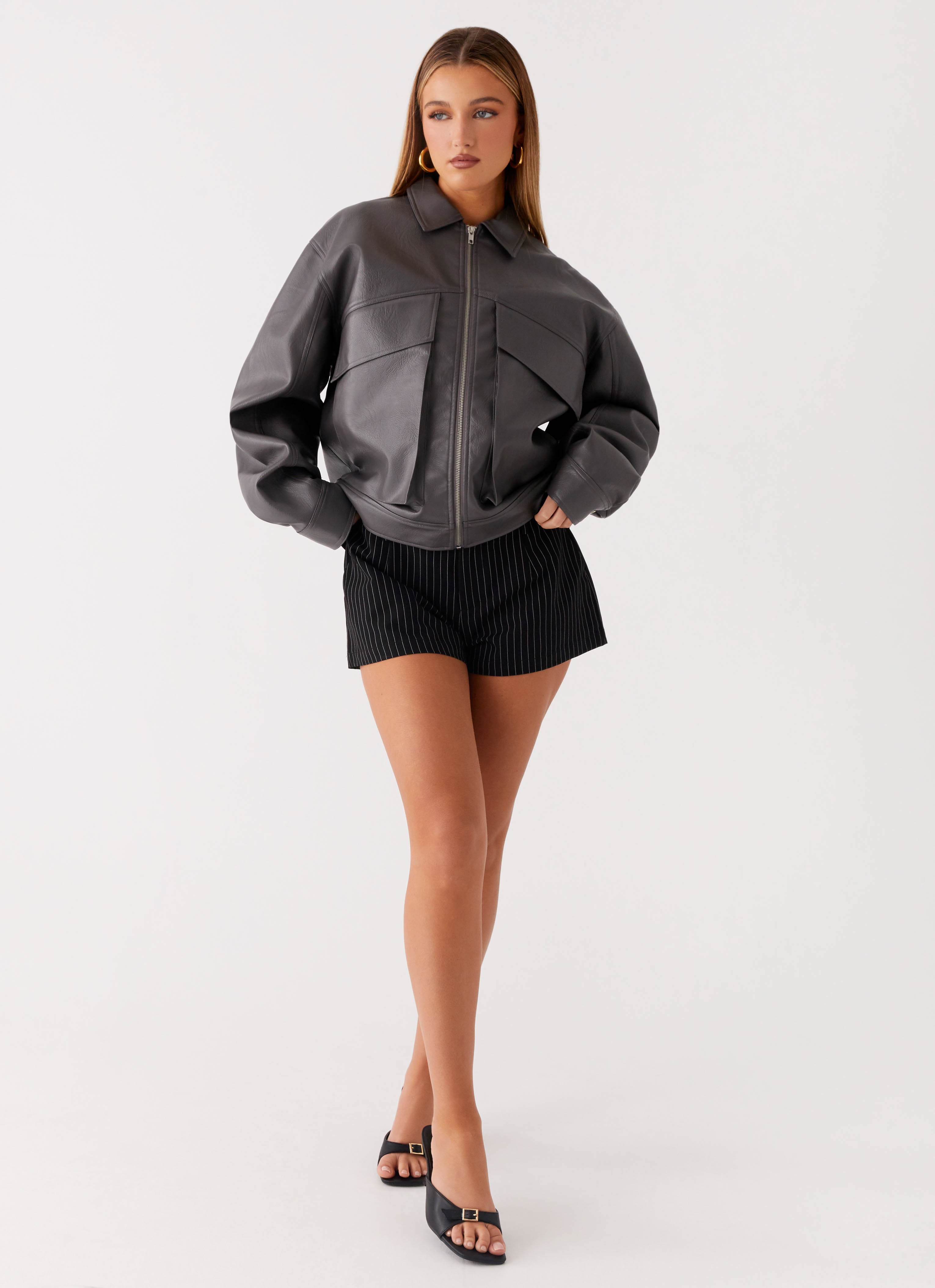 Lula Faux Leather Bomber Jacket - Charcoal