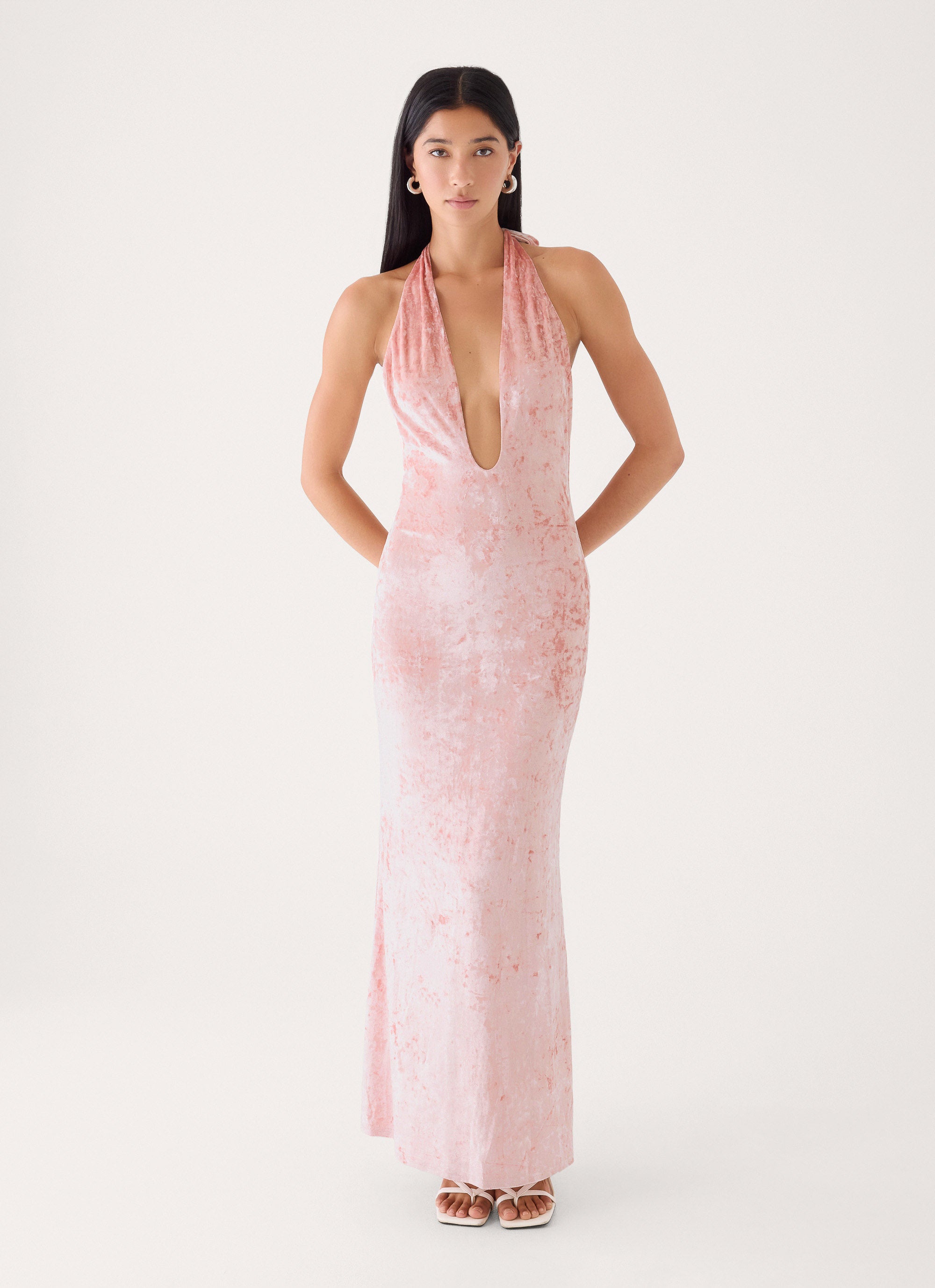 Memory Lane Crushed Velvet Halter Maxi Dress - Soft Pink