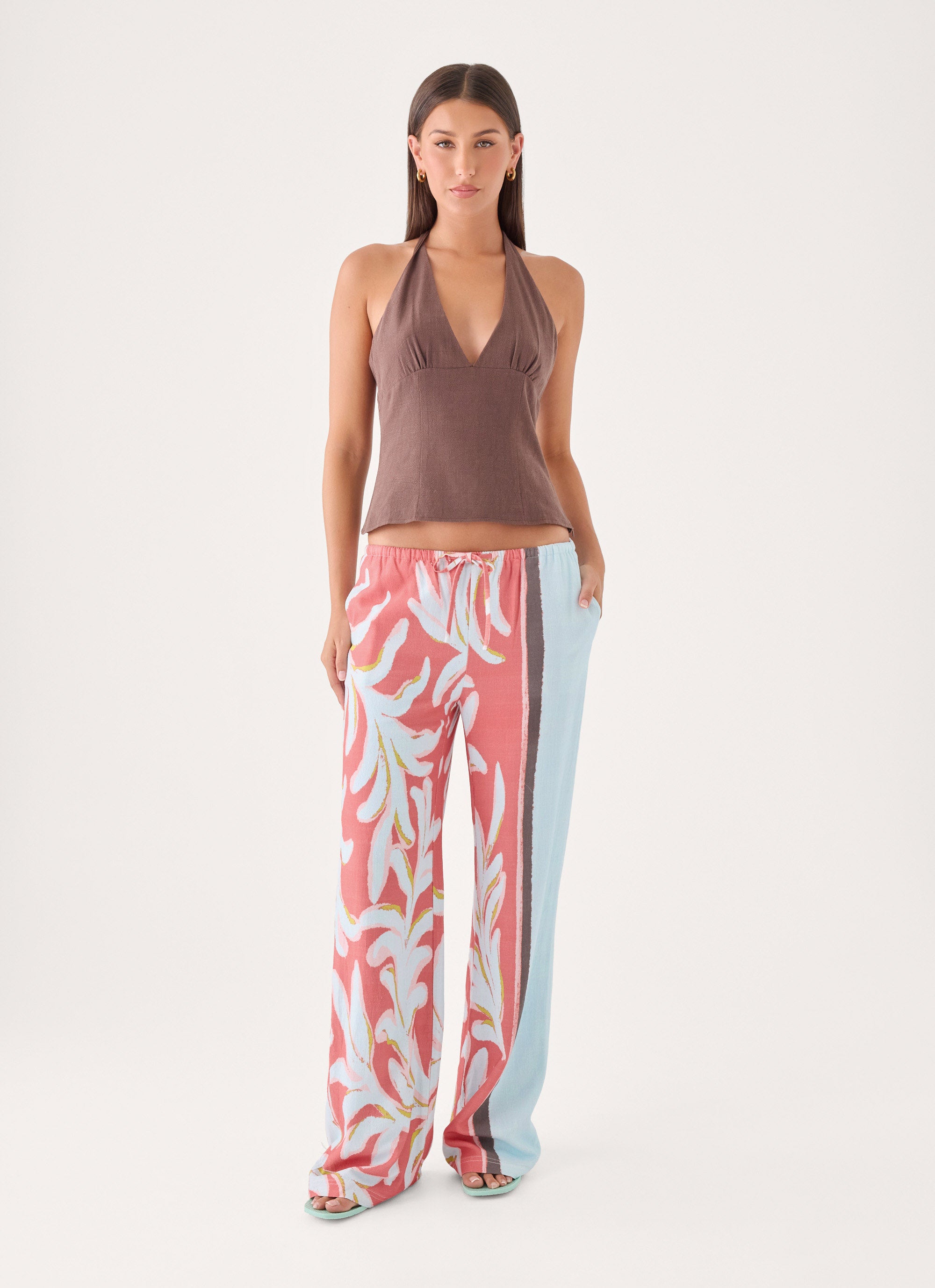 Santina Linen Pant - Coral Palm Print